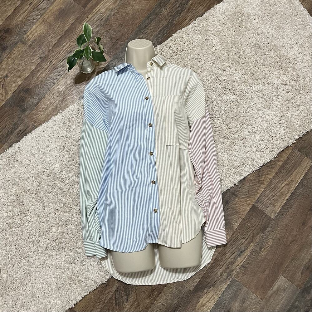 VICI Size XS Oversized Pastel Colorblock Striped Button Front Cotton Blend Top
